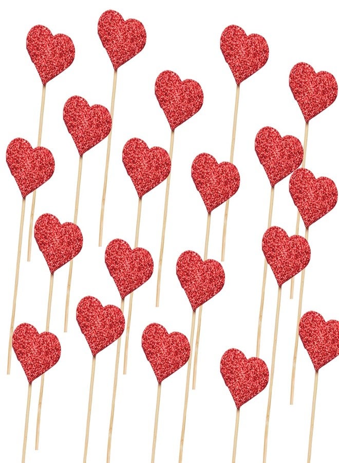 GLOBEADO Glitter Heart Cake Toppers 20 Pieces, Wooden Sticks, Party Decoration (20, Glitter Red) - Image 1